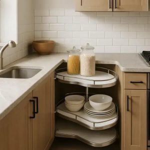 Aproveitamento de cantos vazios: instalando prateleiras giratórias em cozinhas estreitas