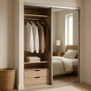 Como montar um closet compacto usando portas de correr e painéis reflexivos