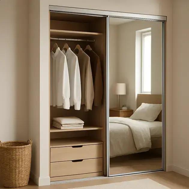 Como montar um closet compacto usando portas de correr e painéis reflexivos