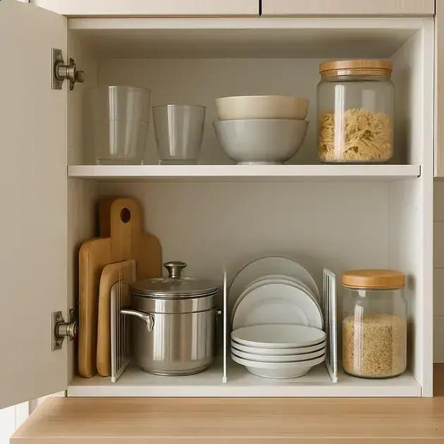 Como organizar o armário de cozinha em apartamentos de até 40 m² usando divisórias ajustáveis