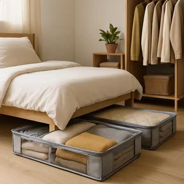 Como usar organizadores debaixo da cama para guardar roupas sazonais em quartos de 10 m²