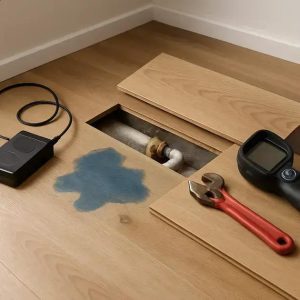 Detecção e reparo de vazamento oculto em tubulação de água sob piso flutuante