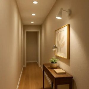 Iluminação em camadas: luzes direcionais que ampliam visualmente corredores estreitos