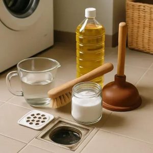 Reparando ralo entupido em lavanderia de 4 m² usando materiais caseiros